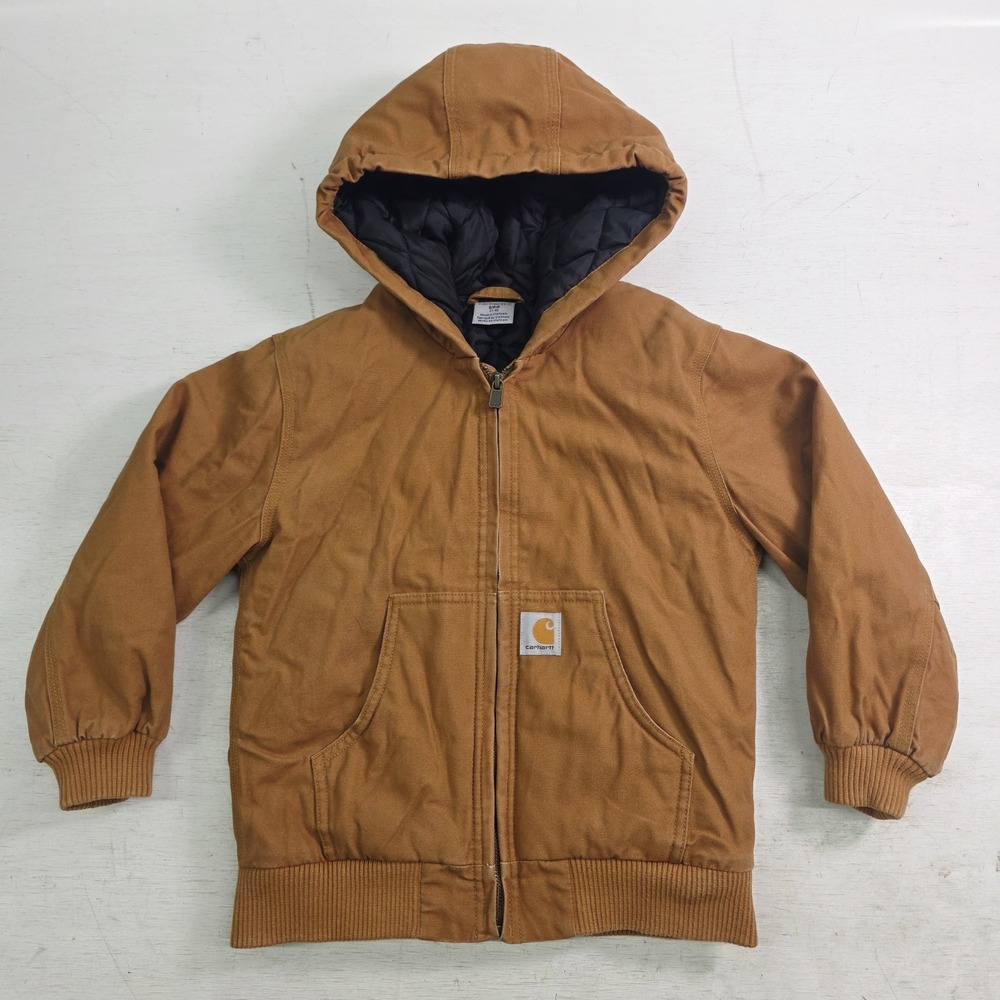 Carhartt Brown Duck Canvas Hooded Full Zip Quilt Lined‎ Jacket Youth Boys S 7/8